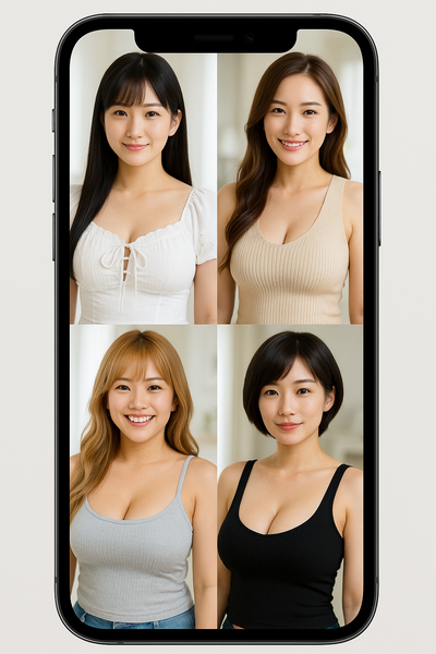 スマートフォン画面に映るタイプの異なる4人の女性(清楚系女子大生・大人のお姉さん・金髪ギャル・ショートボブのお姉さん)が表示されているイメージ画像