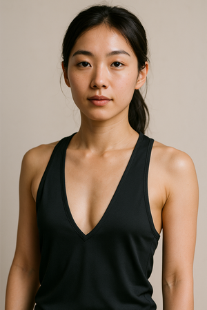 黒いタンクトップを着た、すっぴん風で育児に疲れた雰囲気の人妻系女性。無表情な目元とナチュラルな髪型が印象的。
