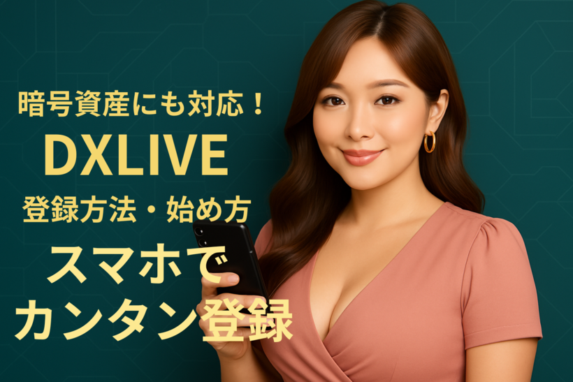 スマートフォンを持った日本人女性とメタバース風背景｜DXLIVEの登録方法アイキャッチ